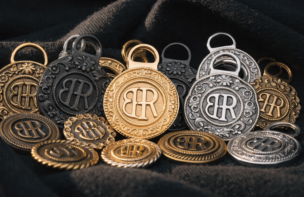 A close-up of a detailed zinc alloy zipper puller with a brand logo