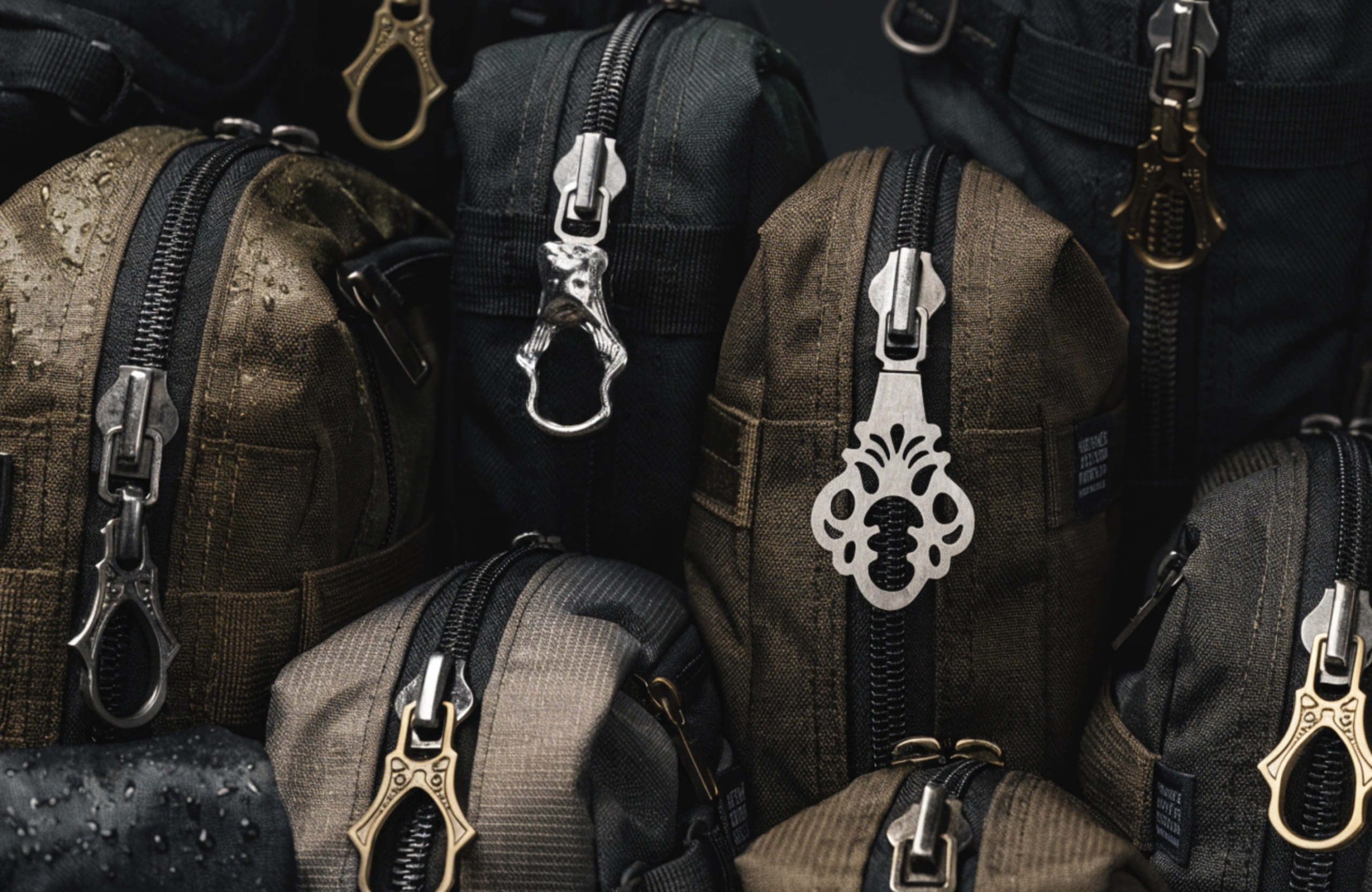 A rugged stainless steel zipper puller on an outdoor backpack