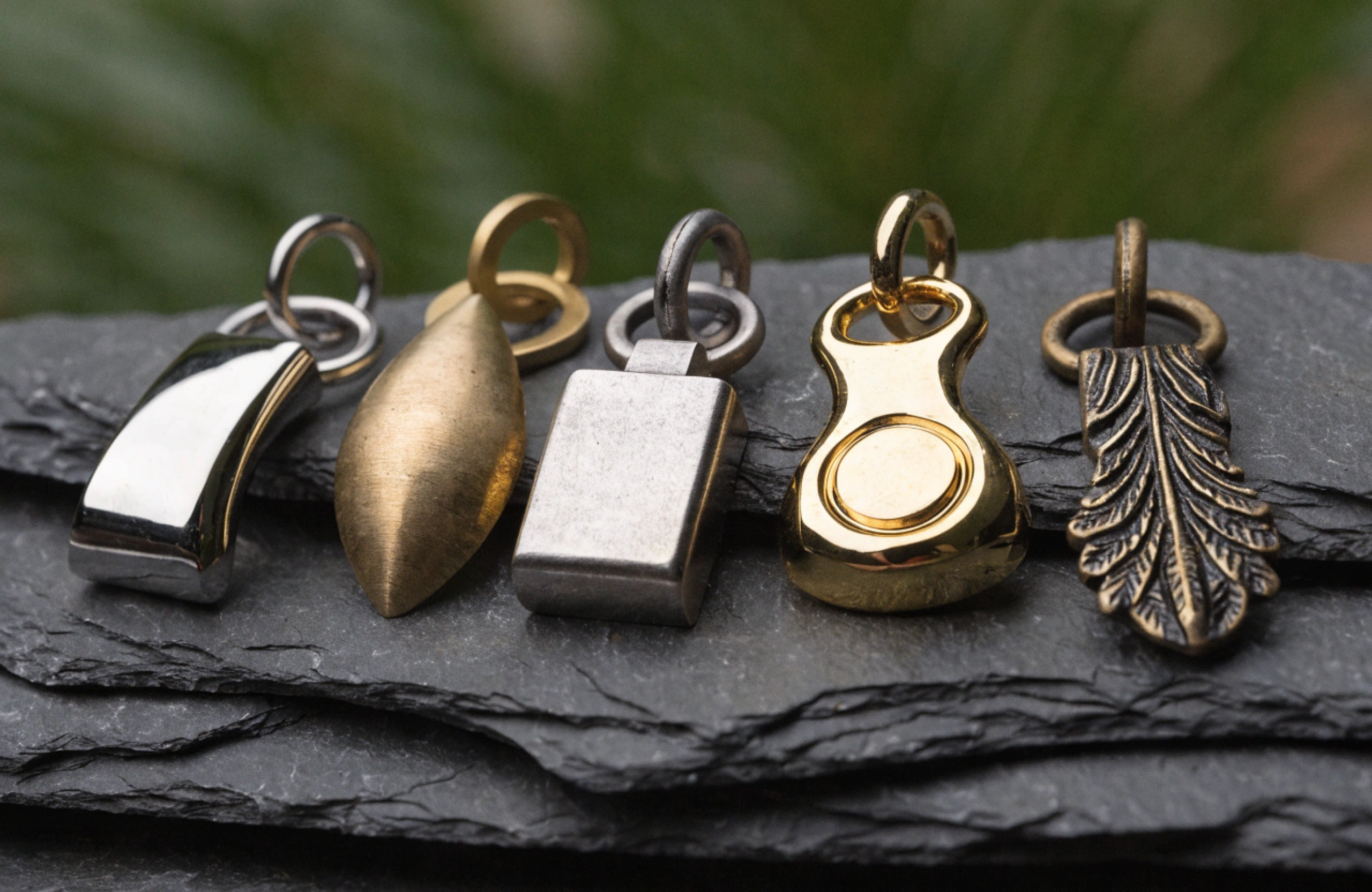 A collection of different custom zipper pullers in various materials and finishes