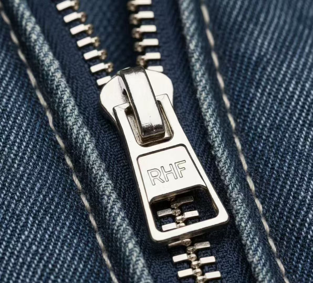 Custom RHF metal zipper ideal for jeans and fashion apparel. RHF custom zipper pull tab