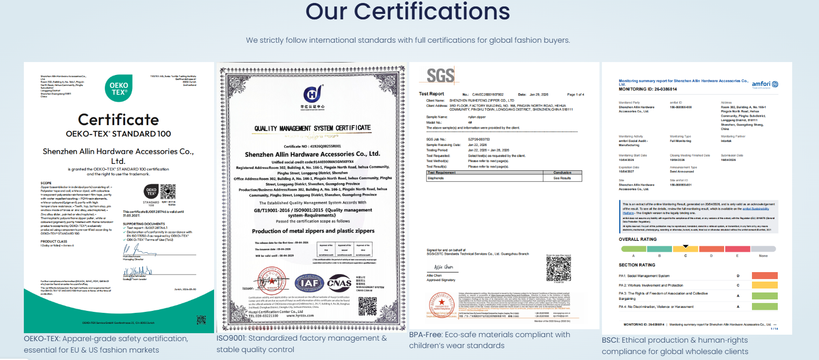 zipper-supplier-certifications-oeko-tex-iso9001-bsci Shenzhen RHF Hardware zipper certifications: OEKO-TEX, ISO9001, BPA-Free, BSCI compliance