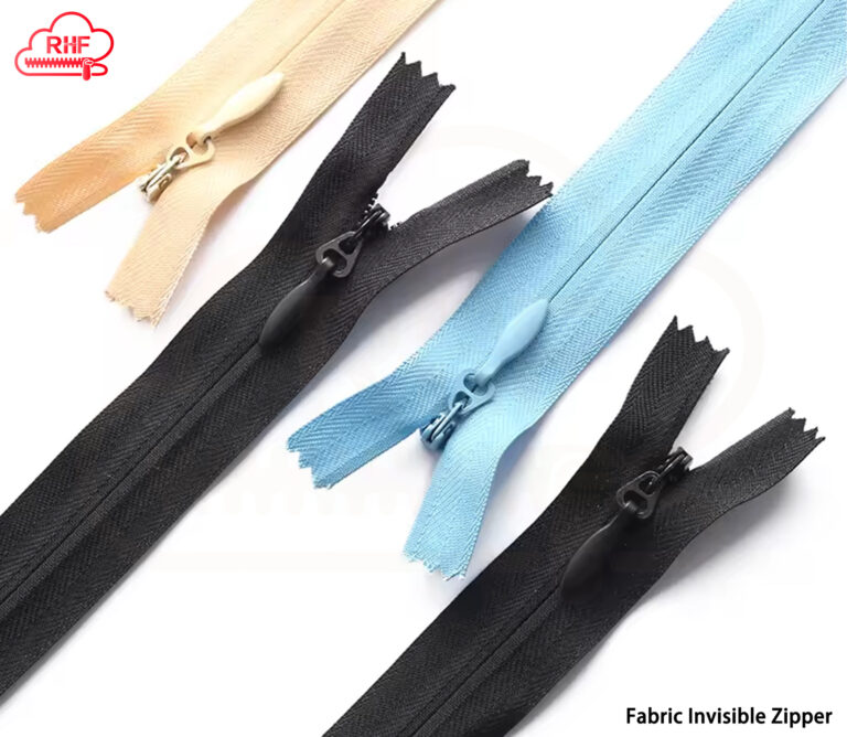 Fabric invisible zippers in assorted colors for dresses, cushions, and garment manufacturing.