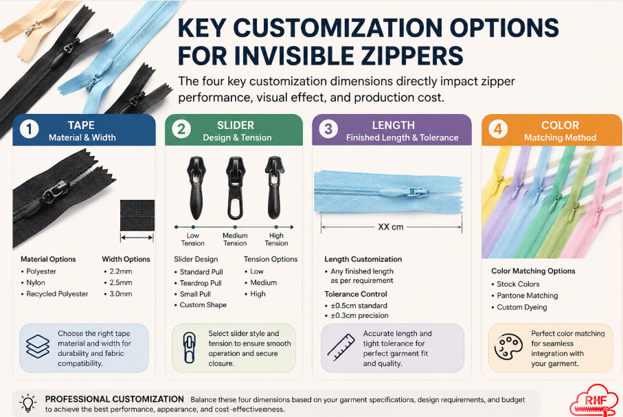 Customizing invisible zippers for apparel