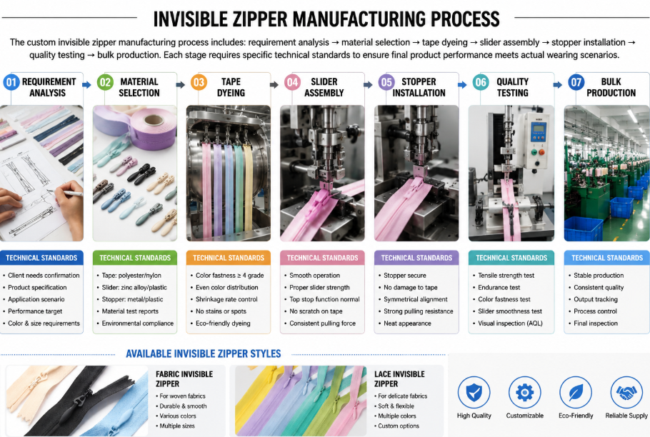 Step-by-step invisible zipper manufacturing