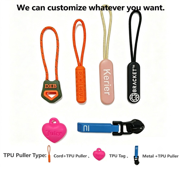 Custom garment fastener options featuring cord TPU pullers, metal TPU pullers, and TPU tags for apparel manufacturing