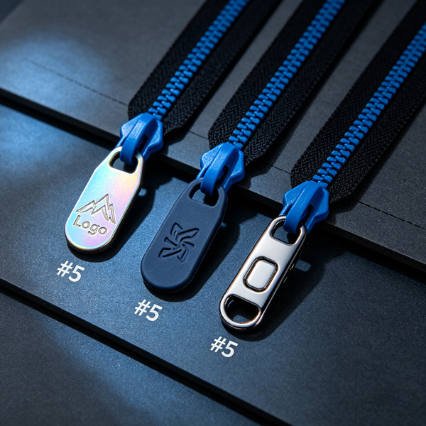 #5 zipper custom pullers with laser logo silicone embossing and metal plating