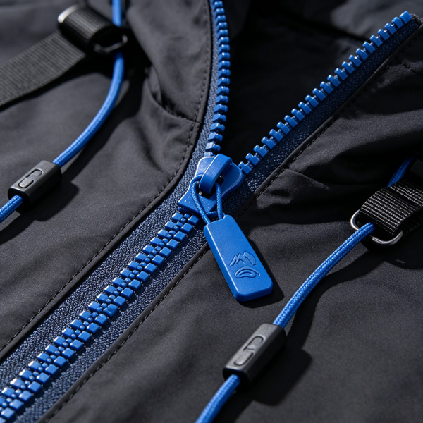 Close-up of a durable Size #5 Vislon zipper on a high-end black tactical jacket, featuring a custom matte blue zipper puller embossed with the RHF logo
