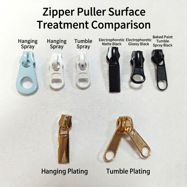 Custom metal zipper pullers demonstrating surface treatment processes like hanging plating, tumble plating, and black electrophoretic finishes