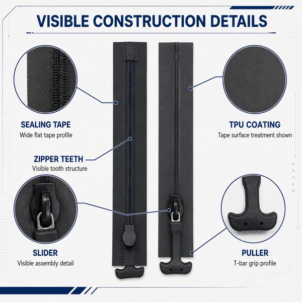 Airtight zipper structure diagram showing top stop, slider, teeth, bottom stop and TPU sealing tape