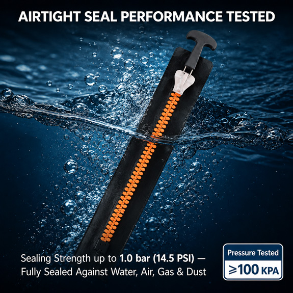 High-performance airtight zipper shown underwater with pressure-tested sealing protection against water and air leakage