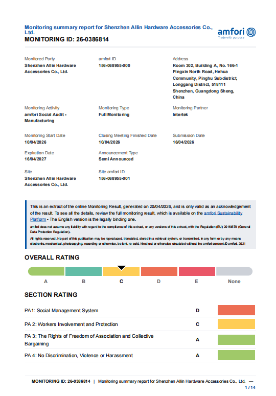 amfori BSCI monitoring summary report 26-0386814 audited by Intertek — RHF Zipper Shenzhen facility