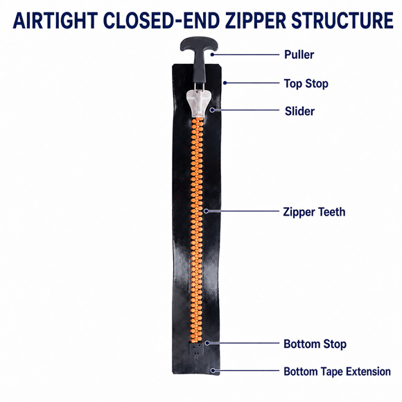 Closed end airtight zipper with high cross tension for storage and covers