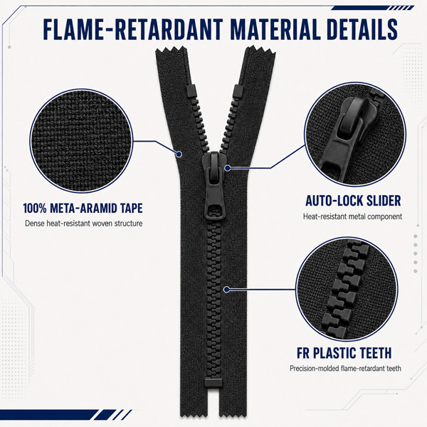 Flame Retardant Zipper Structure Diagram - Aramid Tape, Metal Teeth, Slider and Puller