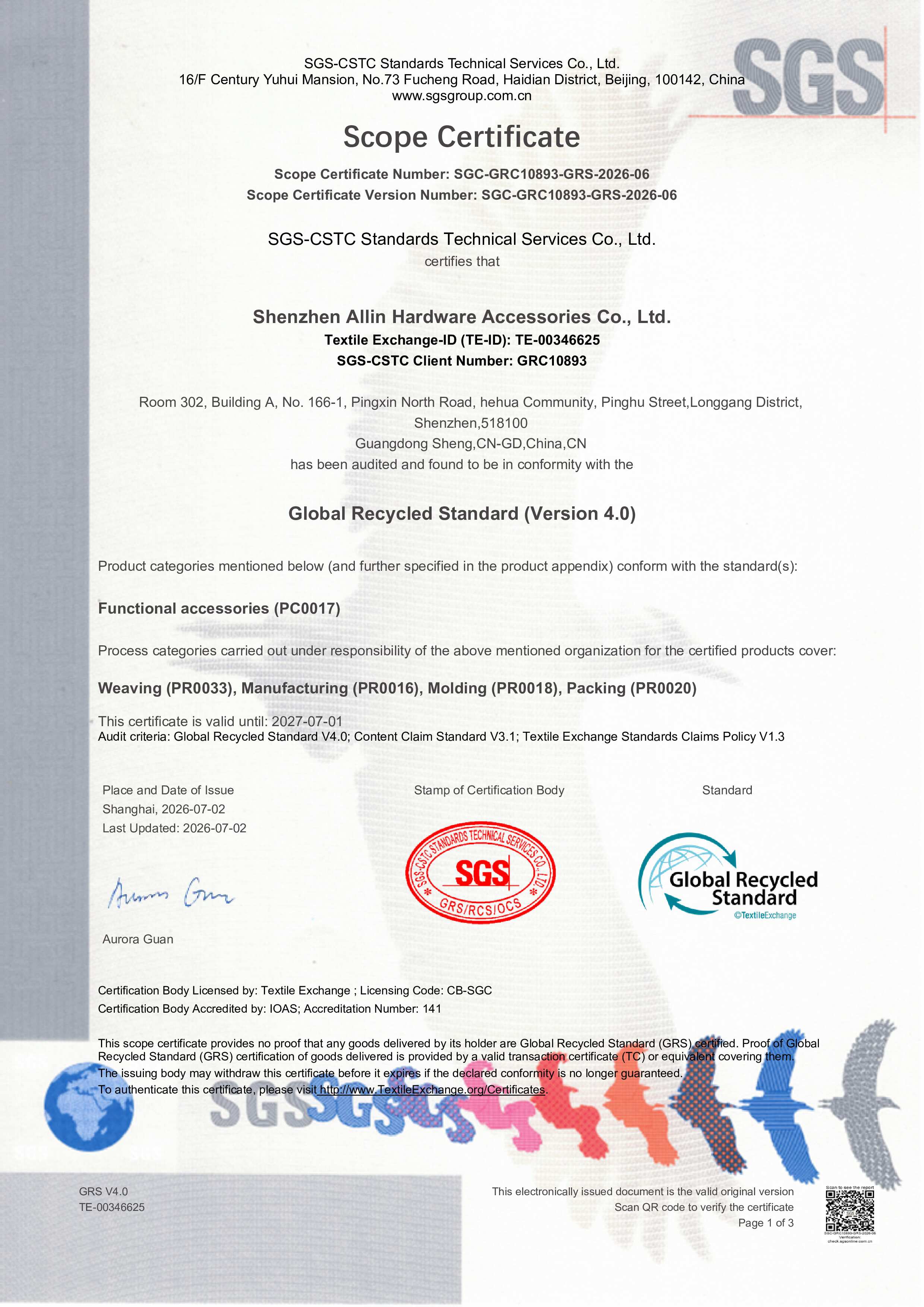 Global Recycled Standard V4.0 scope certificate SGC-GRC10893-GRS-2026-06 issued by SGS — RHF Zipper