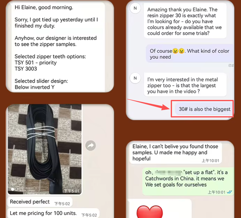 Anonymized customer discussion about a No. 30 resin zipper sample, oversized metal zipper options and trial quantities