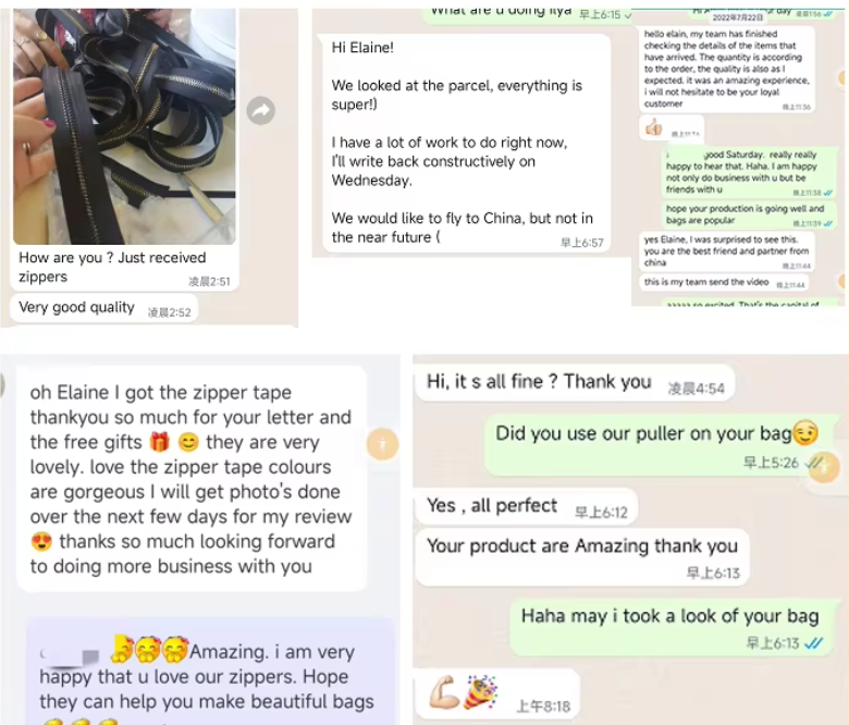 Anonymized customer feedback describing received zipper samples and products as very good quality