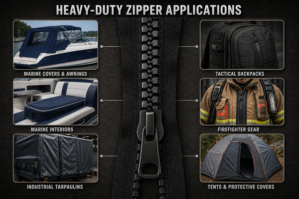 Heavy-duty zipper applications in marine covers, industrial curtains, tents, protective equipment, and tool bags