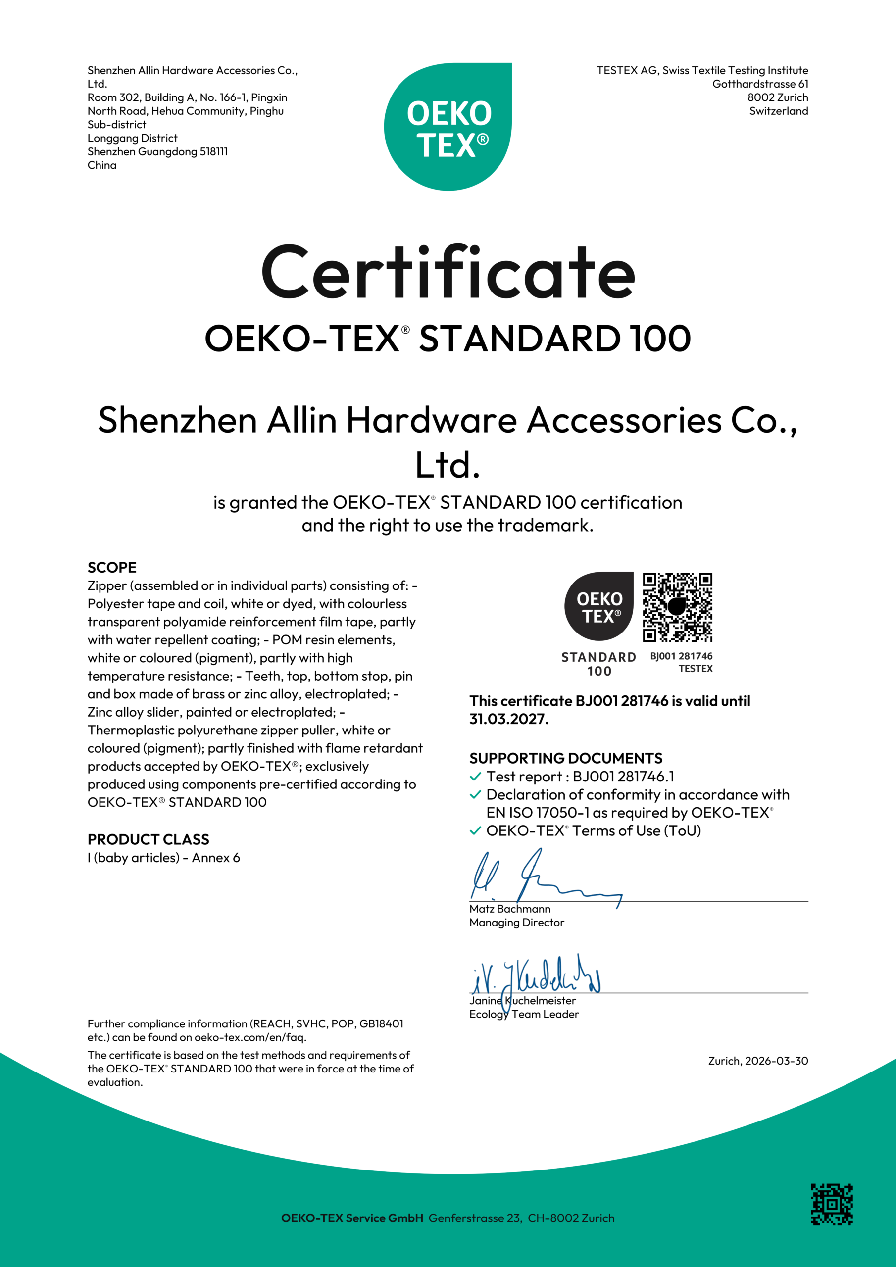 OEKO-TEX STANDARD 100 certificate BJ001 281746 — RHF Zipper, Class I baby articles