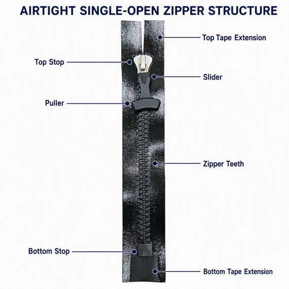 Wide tape single open airtight zipper for specialised equipment designs