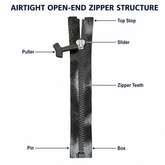 Wide tape open end airtight zipper for drysuits and technical apparel