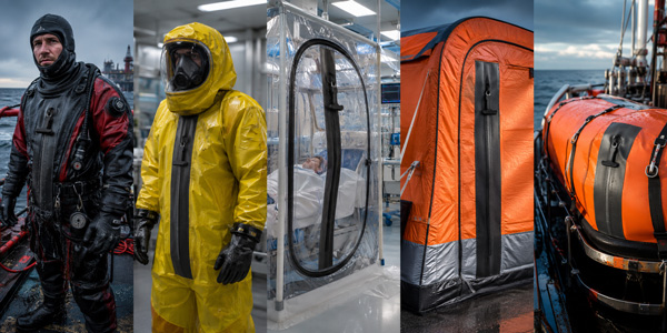 Five industrial applications for airtight zippers: drysuits, protective suits, medical enclosures, inflatable structures and marine equipment