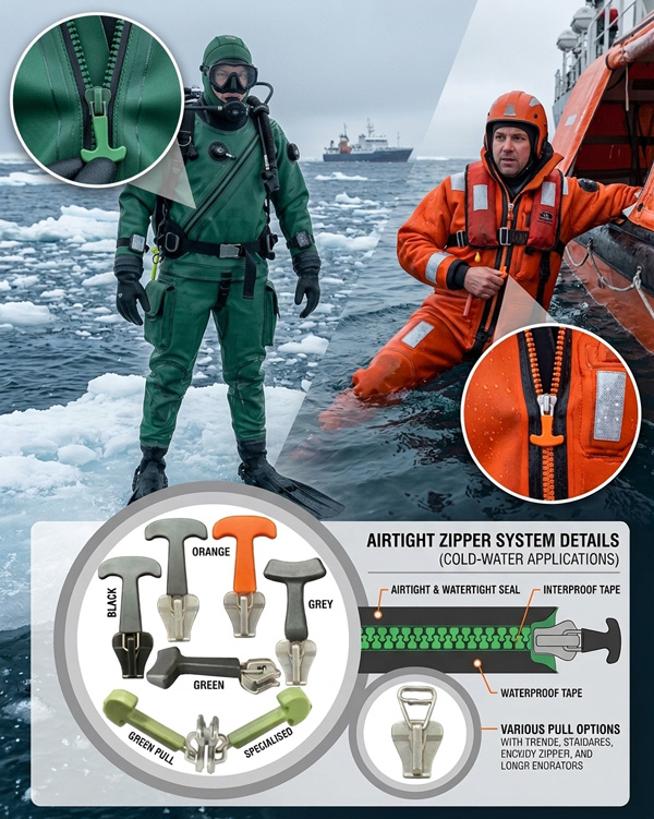 Airtight and watertight zipper system infographic for drysuit divers and immersion suit wearers in cold water.